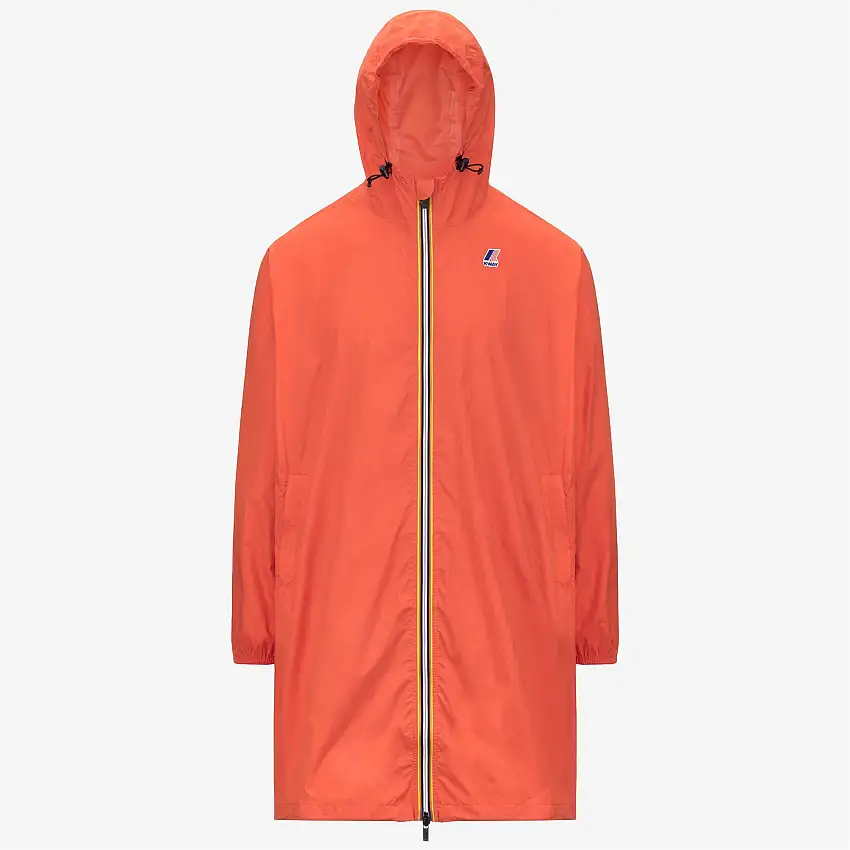 Giacca impermeabile lunga unisex arancione con design ripiegabile
