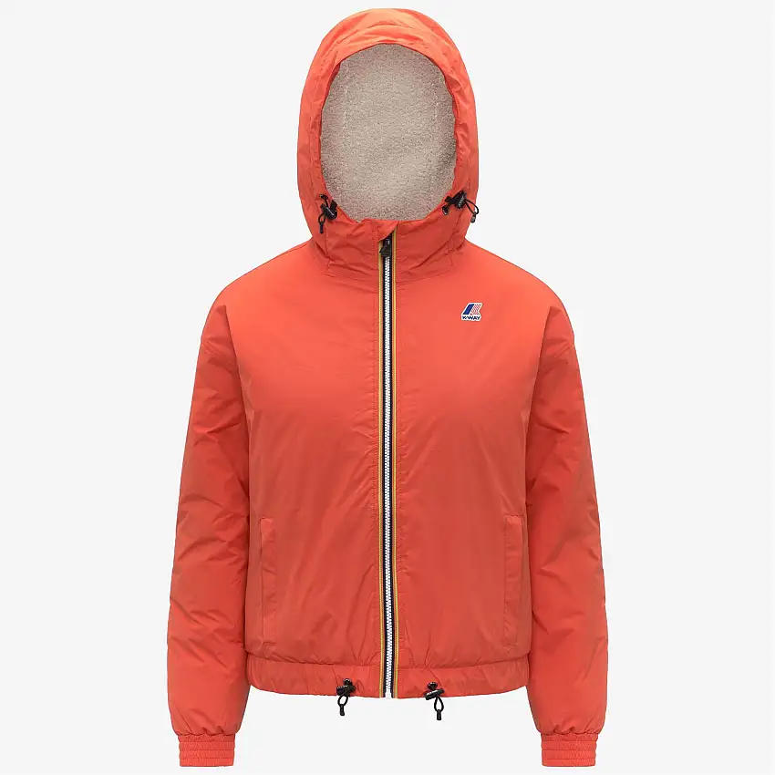 Giacca impermeabile corta arancione da donna con fodera in sherpa