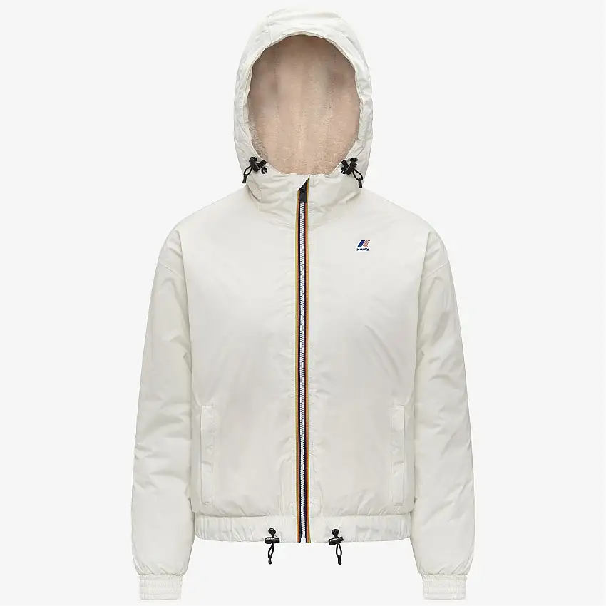 Giacca impermeabile corta da donna bianca con fodera in sherpa