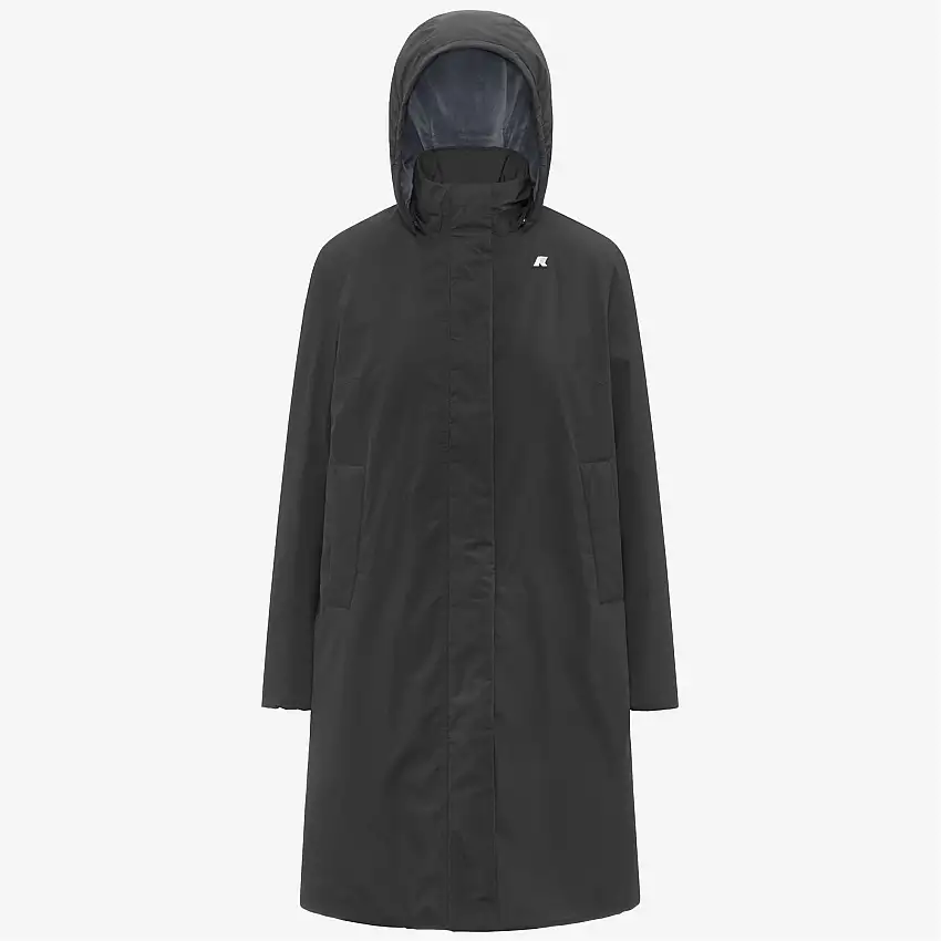 Giacca impermeabile lunga da donna nera con fodera in pelliccia sintetica