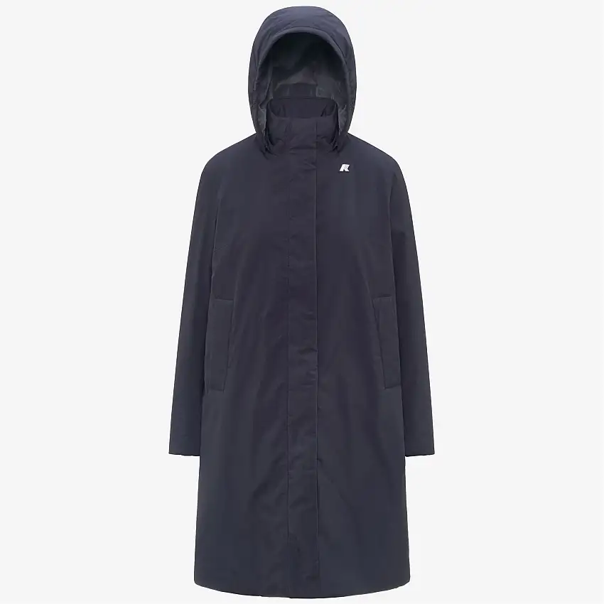 Giacca lunga impermeabile blu da donna con fodera in pelliccia sintetica