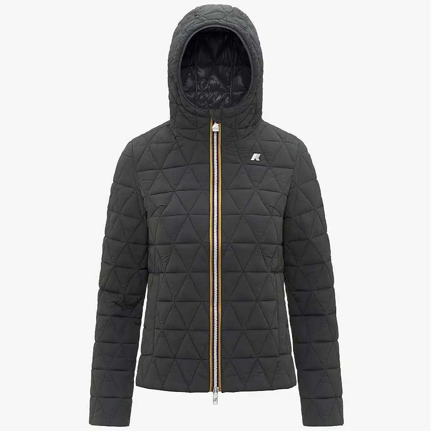 Giacca corta trapuntata grigia da donna con cappuccio imbottito