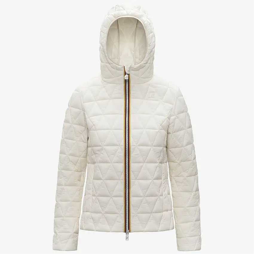Giacca corta trapuntata bianca da donna con cappuccio imbottito