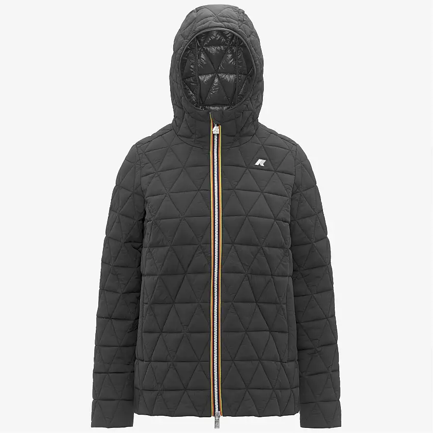 Giacca corta trapuntata da donna grigia con cappuccio e imbottitura Primaloft