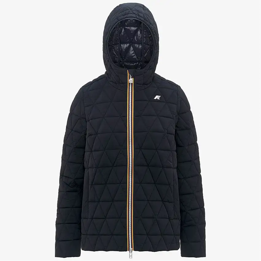 Giacca corta trapuntata da donna blu con cappuccio e imbottitura ecologica