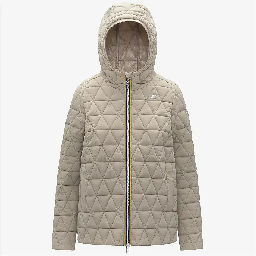 Giacca corta trapuntata da donna beige con cappuccio e imbottitura Primaloft