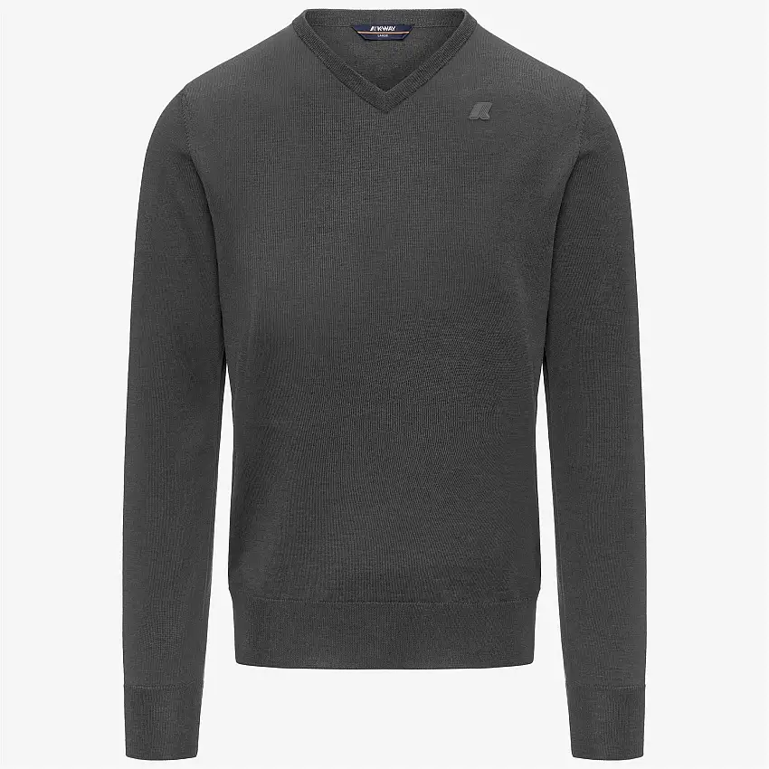 Maglione grigio da uomo in lana merino con scollo a V e bordi a coste