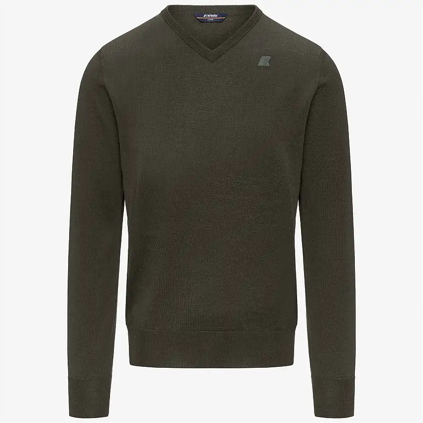 Maglione pullover da uomo in lana merino verde nerastra con scollo a V