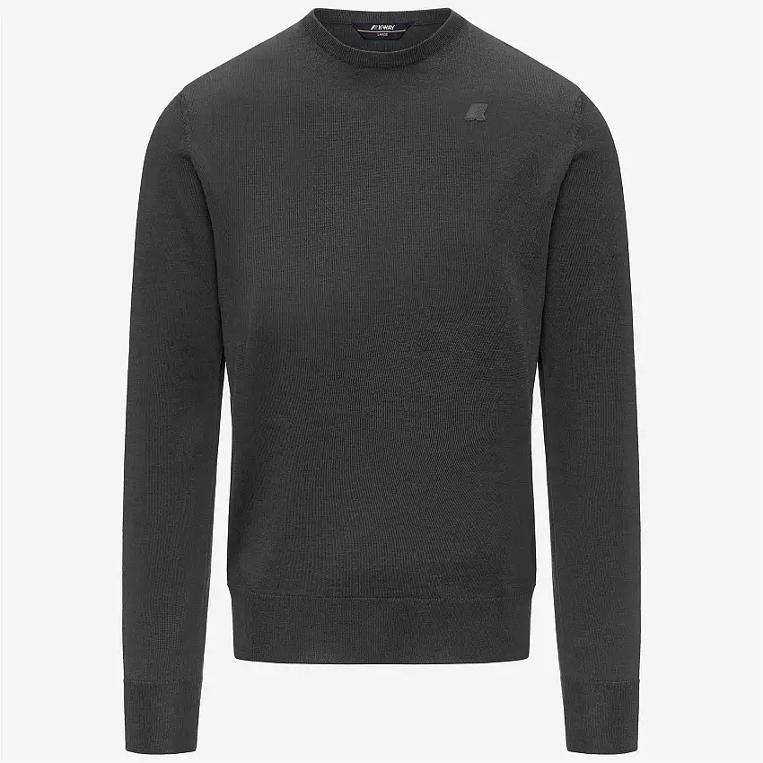 Maglione girocollo in lana merino grigio da uomo con bordi a coste