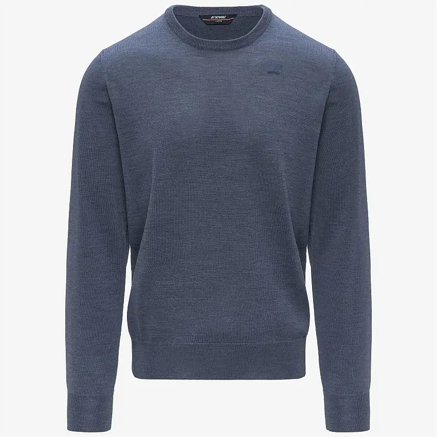 Maglione girocollo in lana merino blu da uomo con bordi a coste