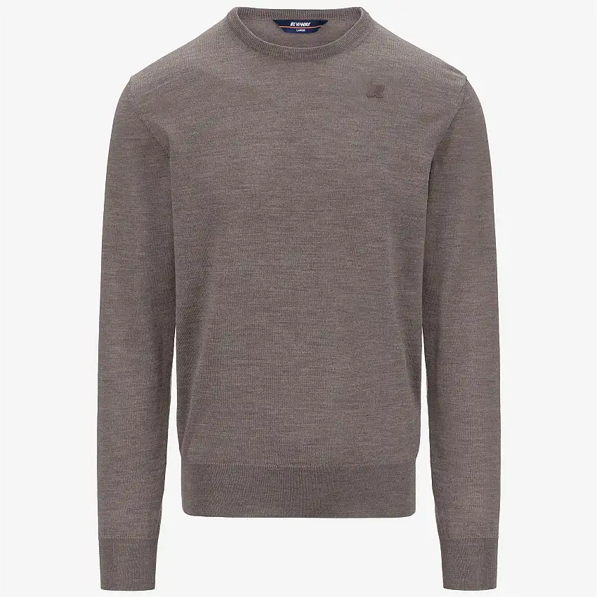 Maglione girocollo in lana merino beige da uomo con finiture a coste