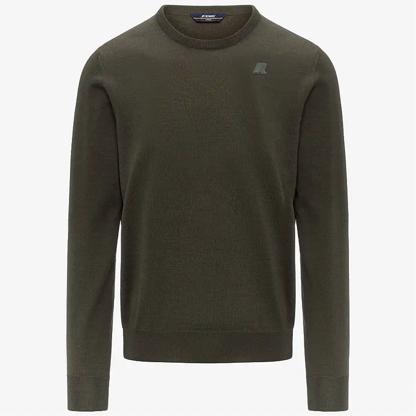 Maglione girocollo in lana merino verde scuro da uomo