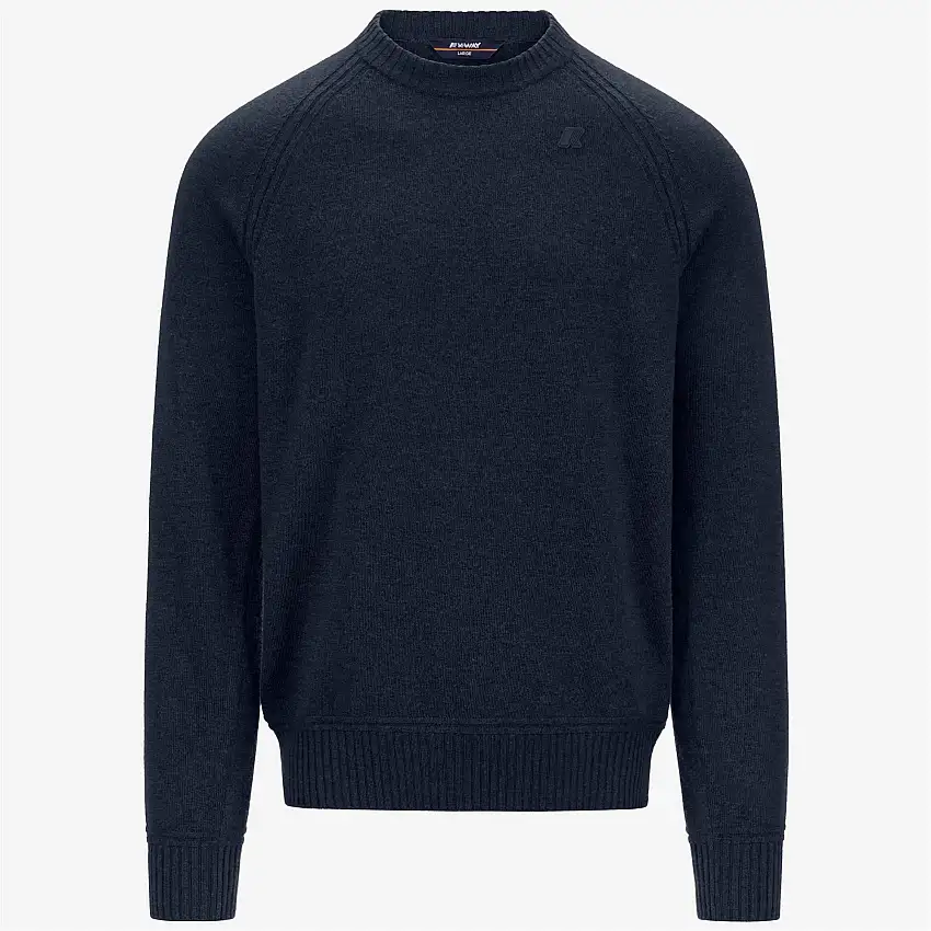 Maglione girocollo in cashmere e lana blu da uomo con bordi a coste