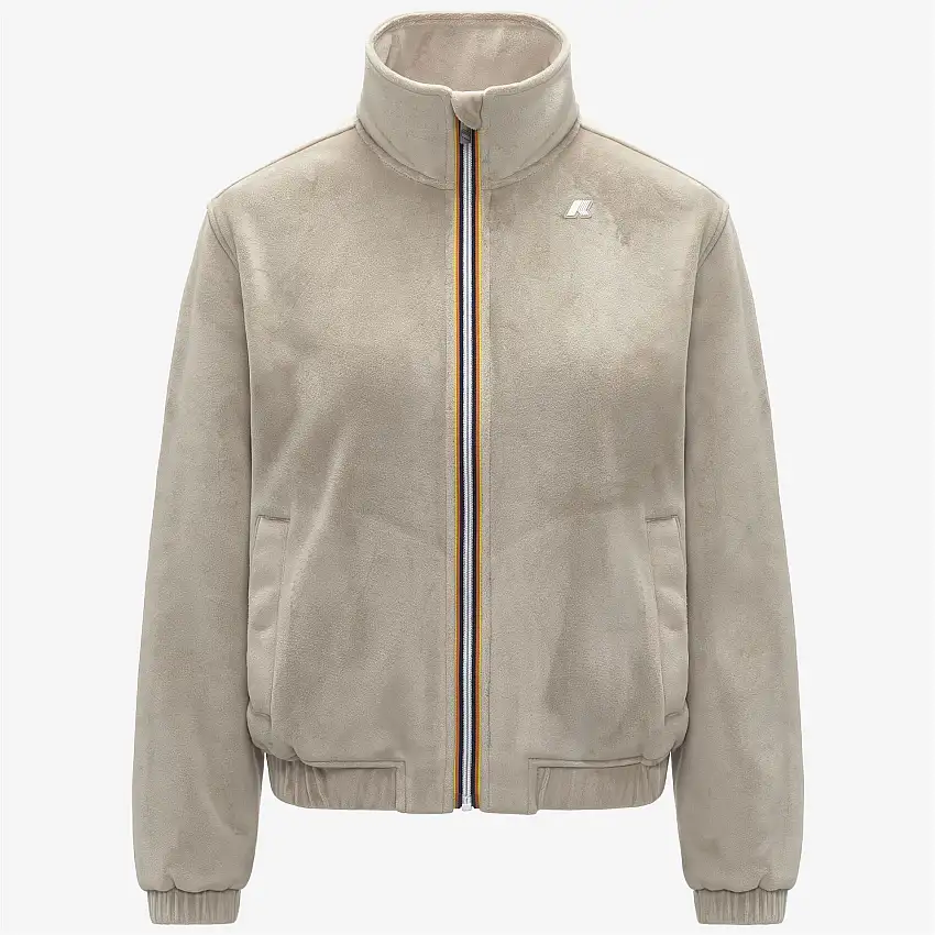 Giacca in pile di velluto beige da donna con cerniera e tasche