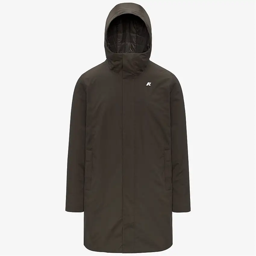 Giacca lunga e calda da uomo in oliva nera con materiali riciclati