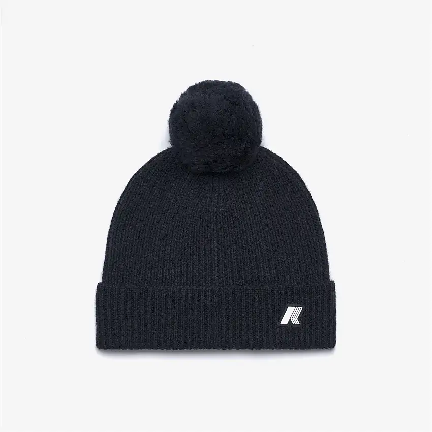 Cappello invernale blu in maglia da bambina con pompon e motivo a coste