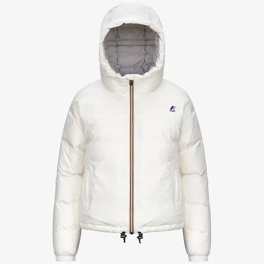 Piumino corto bianco da donna con cappuccio e caldo isolamento