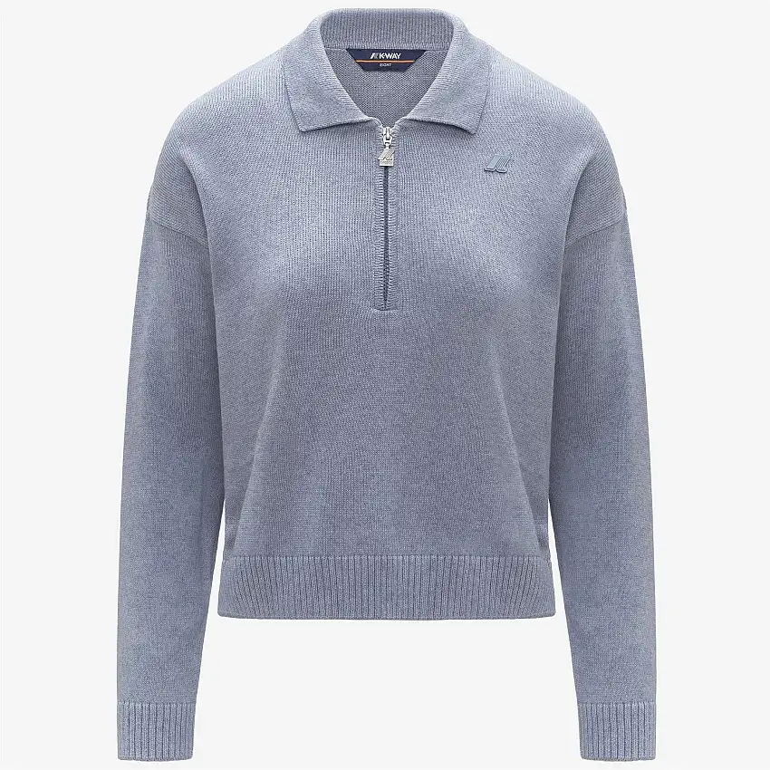 Maglione da donna in cotone e cashmere blu azzurro con collo polo