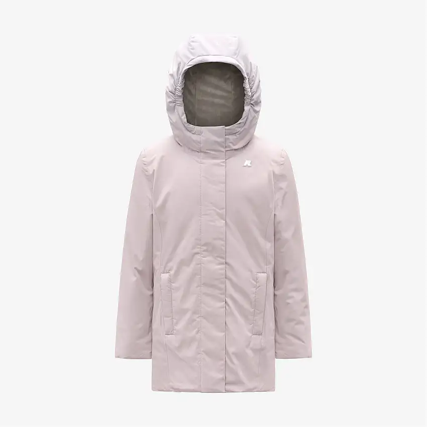 Giacca impermeabile isolante grigia di media lunghezza con cappuccio per bambina