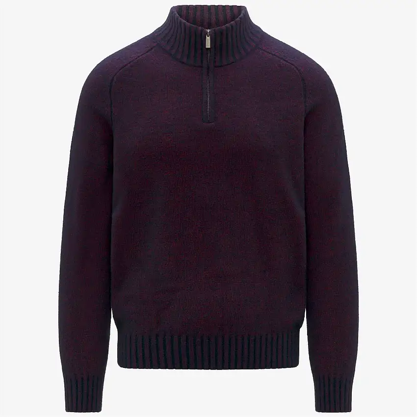 Maglione da uomo in lana merino blu con mezza zip e bordi a coste