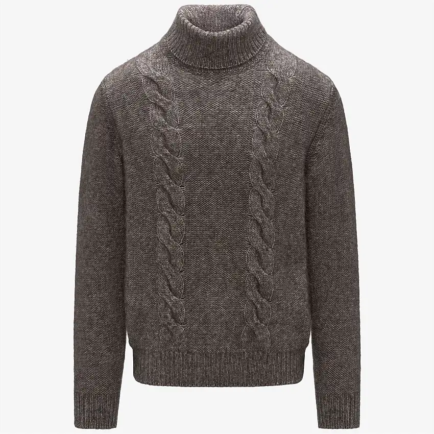 Maglione da uomo in maglia a trecce color oliva nero con misto cotone e alpaca