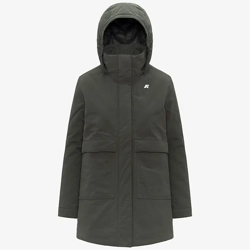 Giacca a trapezio verde da donna con cappuccio e tasche, lunghezza 3/4