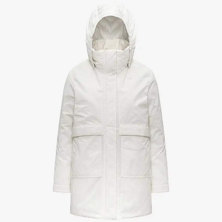 Giacca bianca da donna a trapezio con cappuccio e imbottitura, lunghezza 3/4