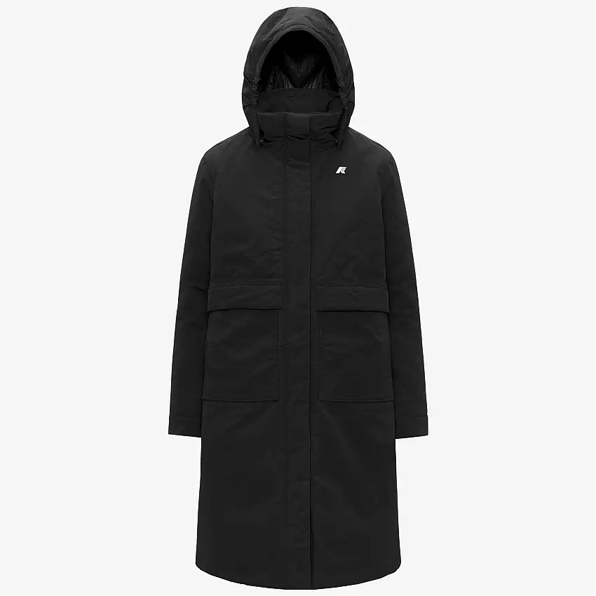 Giacca lunga da donna nera a trapezio con isolamento PrimaLoft