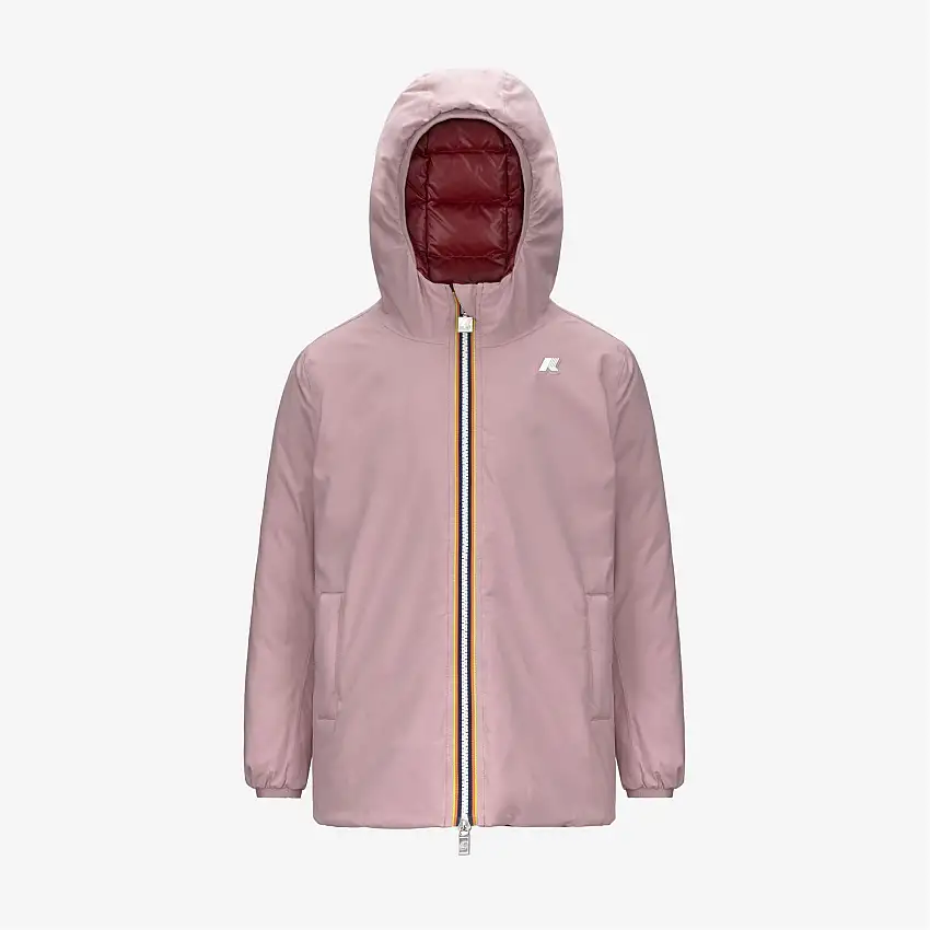 Giacca reversibile di media lunghezza per bambine, colore marrone e rosa, con isolamento in piuma