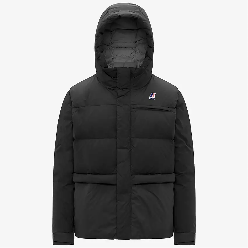 Piumino unisex nero per il freddo con cappuccio e tasche