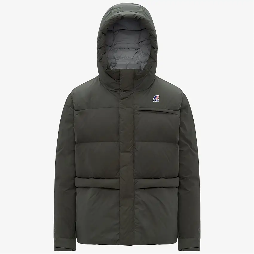 Giacca unisex verde pesante e calda in piumino con cappuccio e tasche