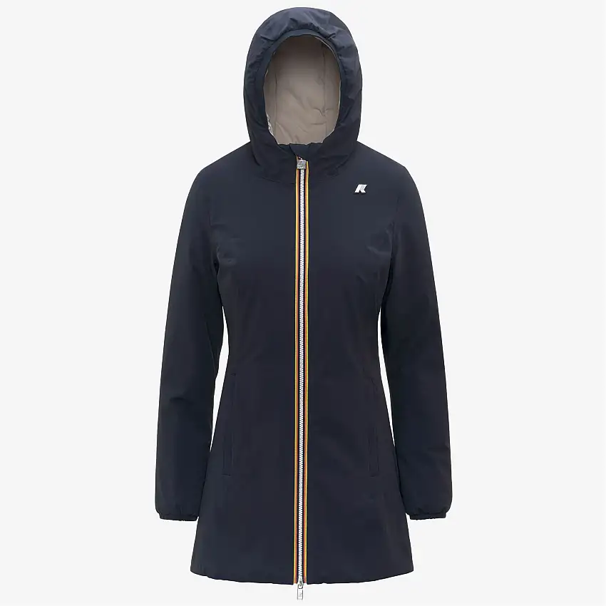 Giacca isolante reversibile di media lunghezza da donna, colore blu-beige