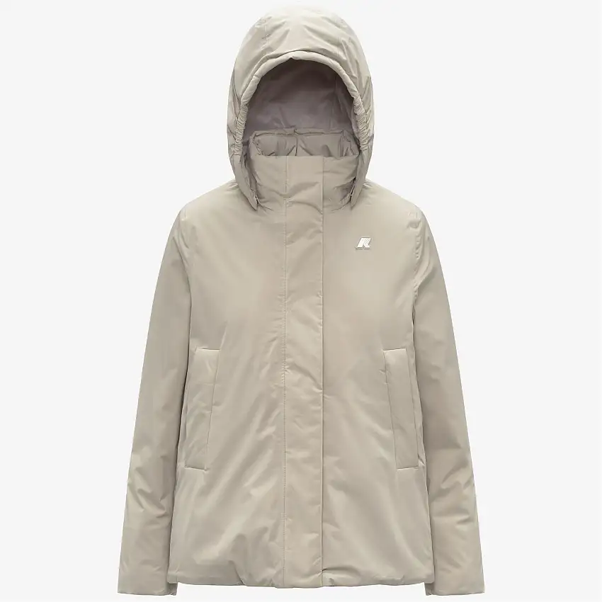 Giacca impermeabile corta da donna beige con fodera in pelliccia sintetica