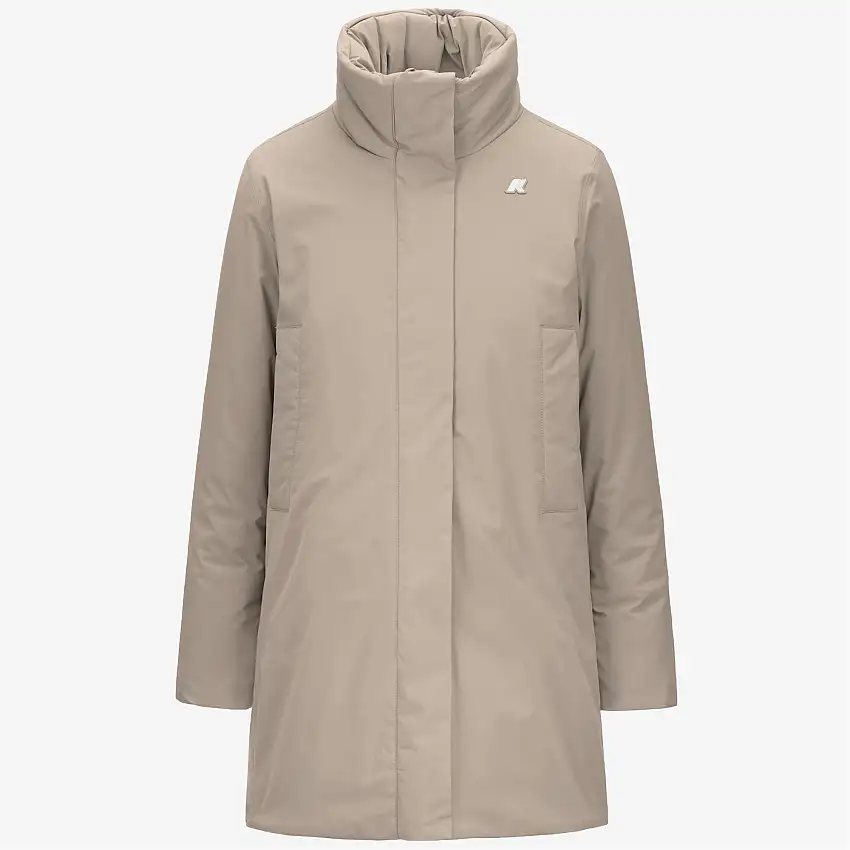 Giacca elegante di media lunghezza da donna beige con cappuccio