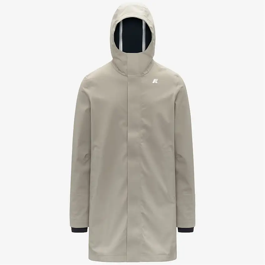 Giacca impermeabile lunga da uomo beige con cappuccio