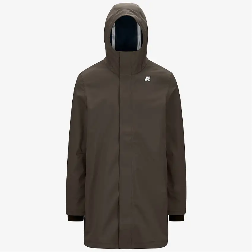 Giacca impermeabile lunga da uomo con cappuccio, colore oliva nero