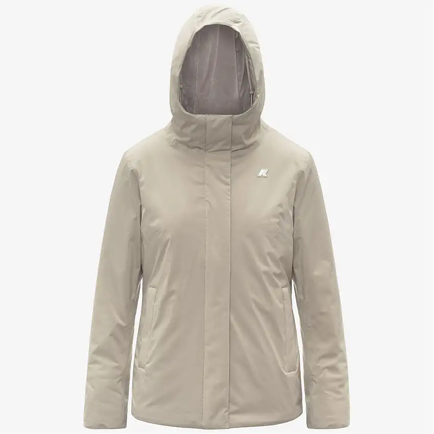 Giacca corta isolante da donna beige con cappuccio