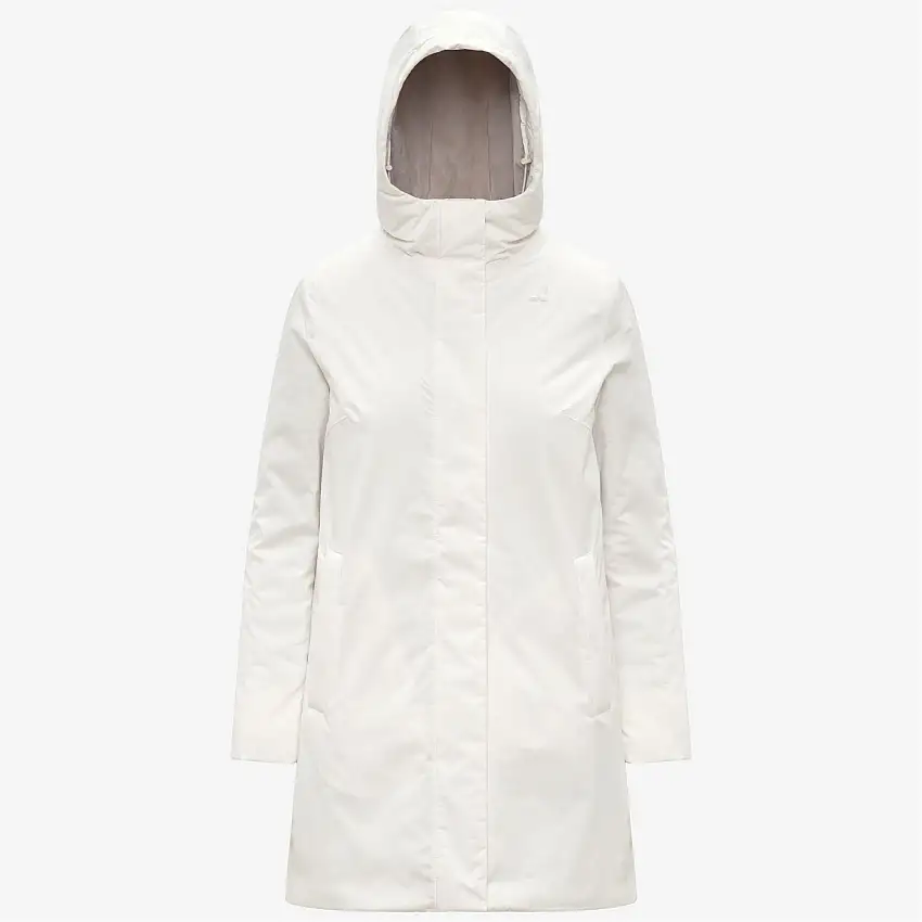 Giacca bianca da donna di media lunghezza, morbida al tatto, con cappuccio