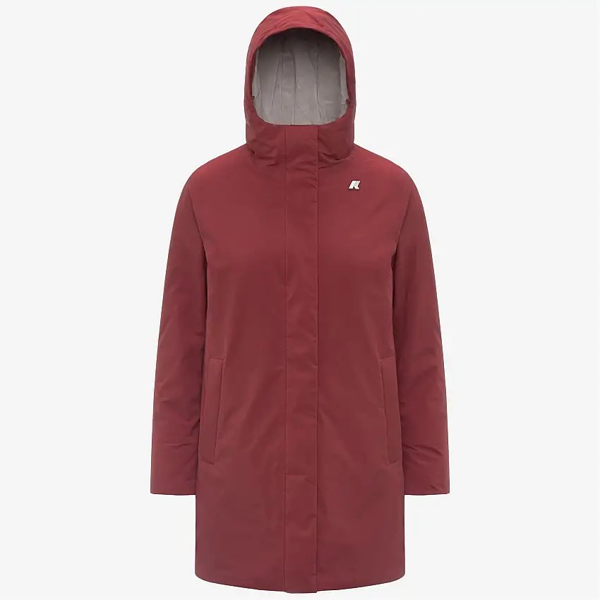 Giacca isolante rossa da donna di media lunghezza con vestibilità regolabile