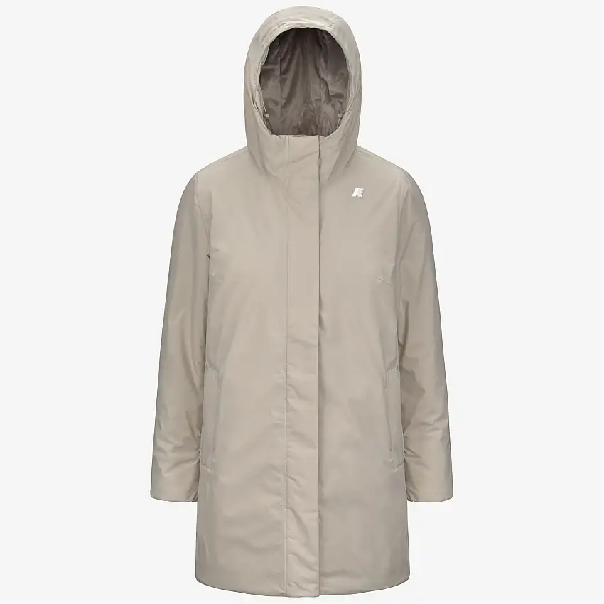 Giacca isolante beige di media lunghezza da donna con cappuccio regolabile