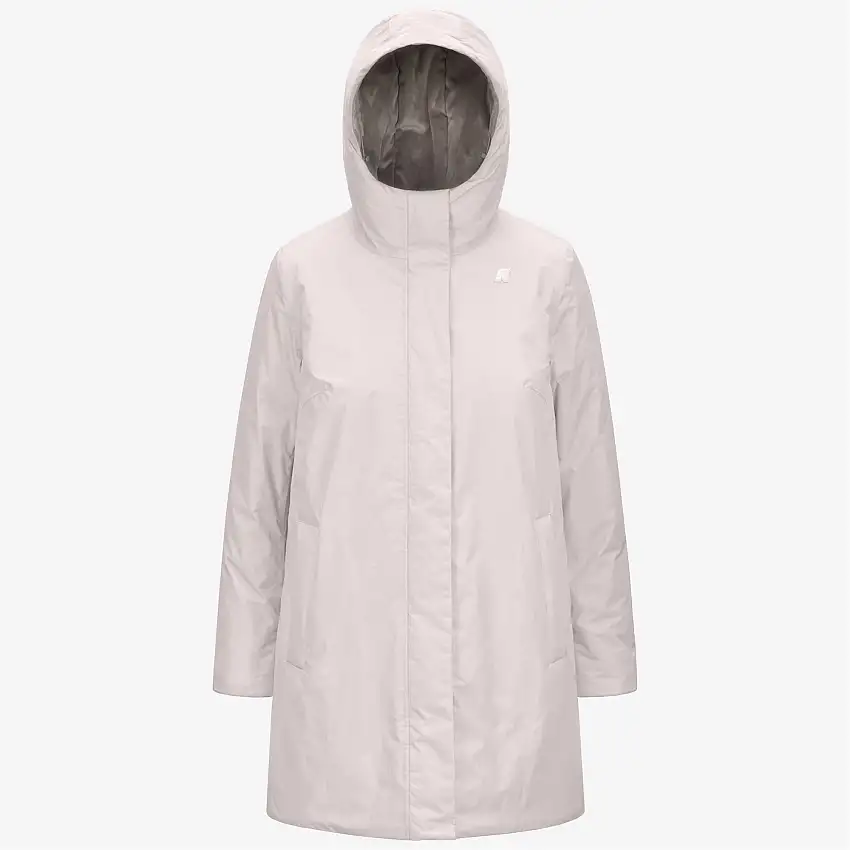 Giacca da donna grigia, di media lunghezza, morbida al tatto, con cappuccio regolabile