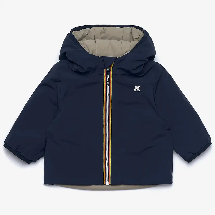 Giacca calda reversibile unisex blu per bambini con cerniera e tasche