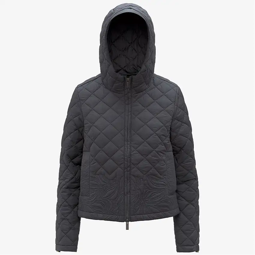 Giacca corta trapuntata grigia da donna con ricamo floreale