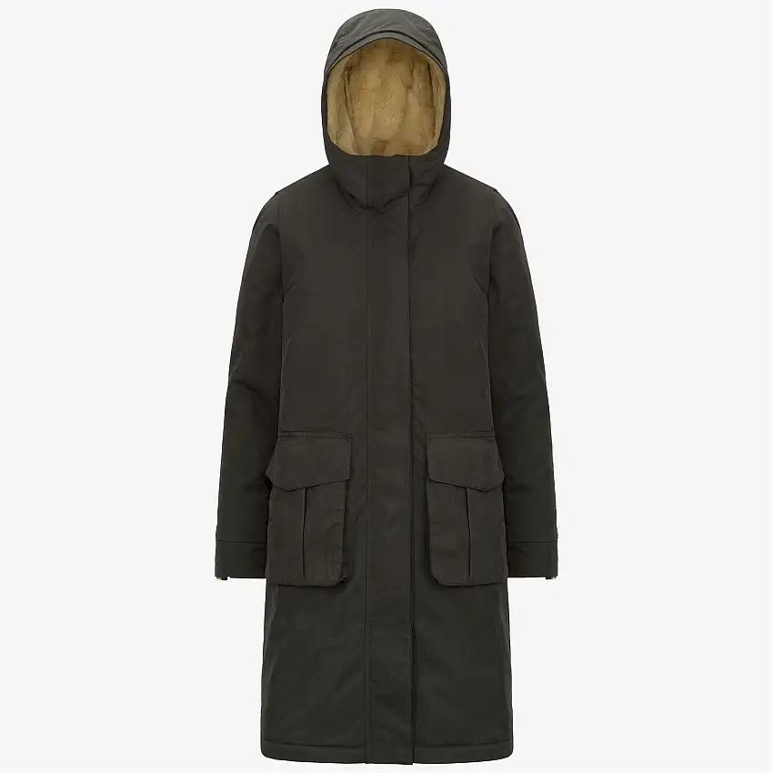 Parka lungo da donna in cotone verde con pelliccia sintetica e imbottitura PrimaLoft