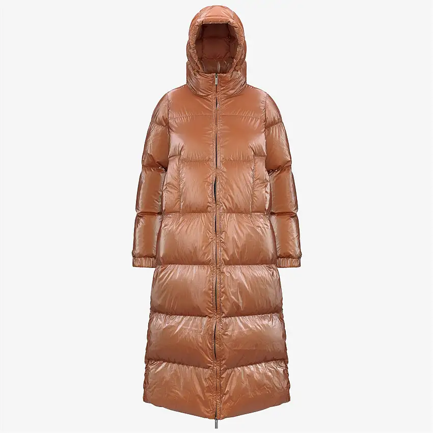 Piumino lungo arancione da donna con imbottitura in piuma