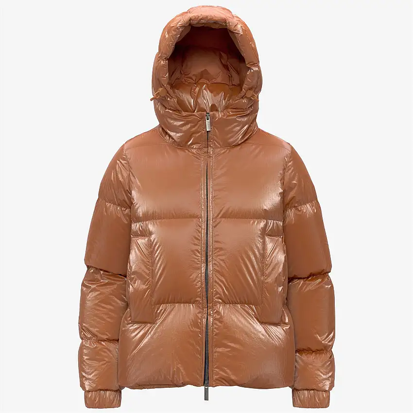 Piumino corto arancione da donna con imbottitura in piuma