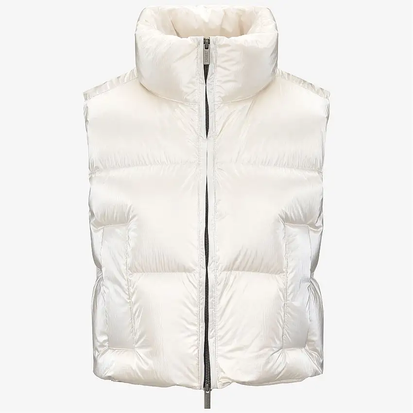 Gilet corto imbottito sportivo-glam da donna bianco con imbottitura in piuma