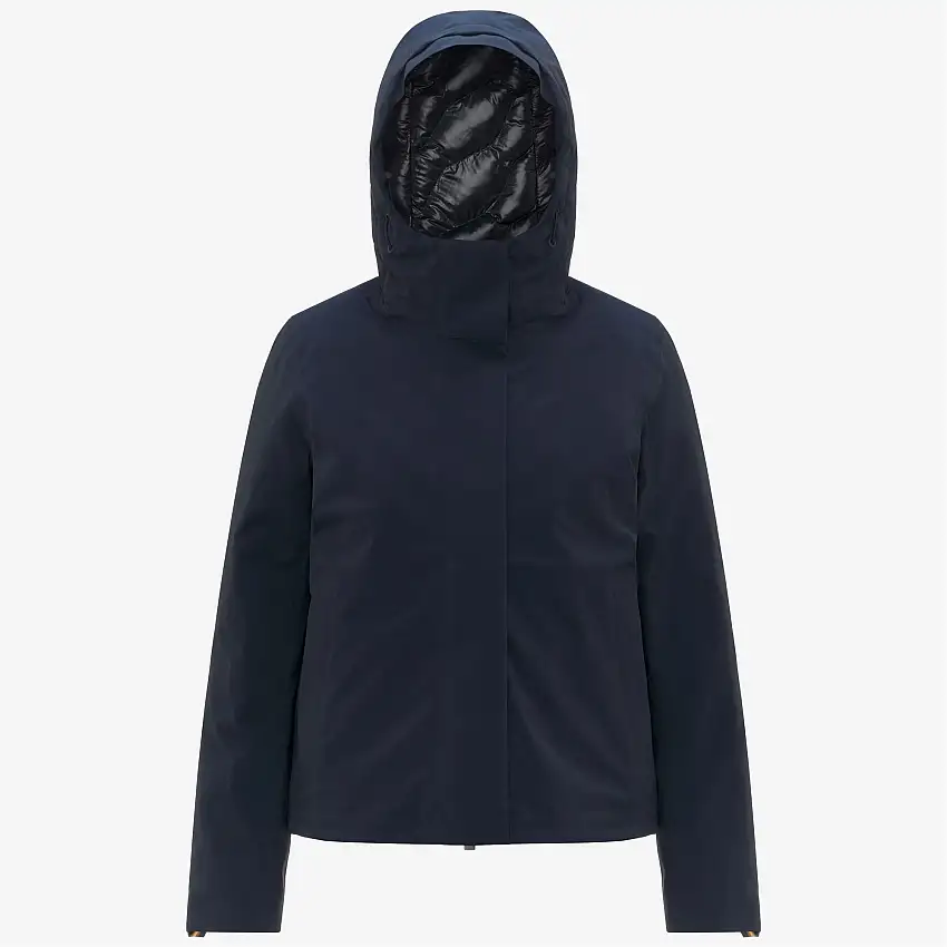 Giacca invernale imbottita corta da donna blu con cappuccio