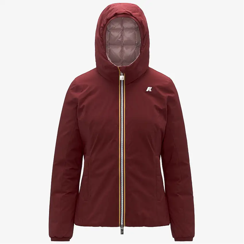Giacca corta reversibile rossa da donna con cappuccio e isolamento termico