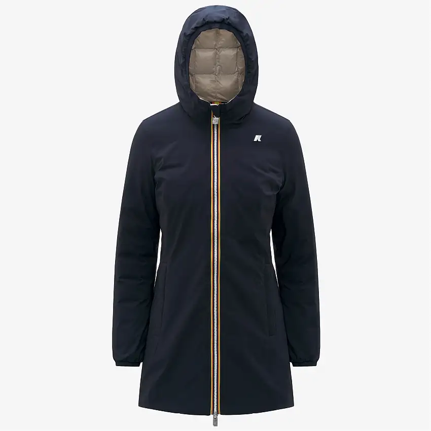 Piumino reversibile blu beige da donna, lunghezza 3/4